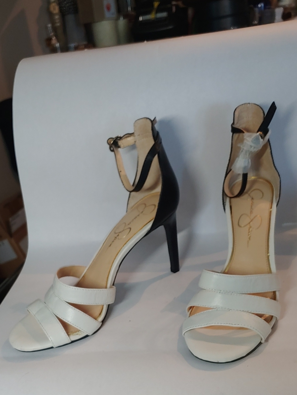 Jessica Simpson Two-Tone Leather Ankle Strap Stiletto Heels in White and Black